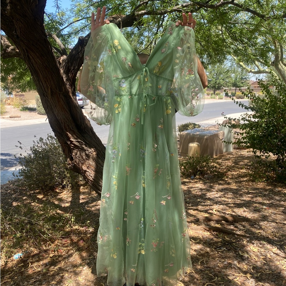 Green floral embroidered prom dress.